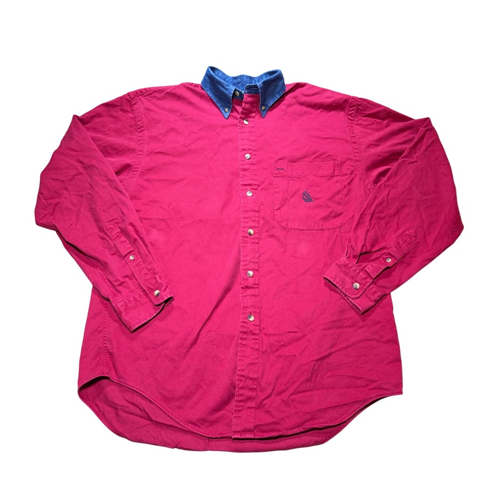 Vintage Nautica Red Button Down Shirt Denim Collar Made in USA Mens XL